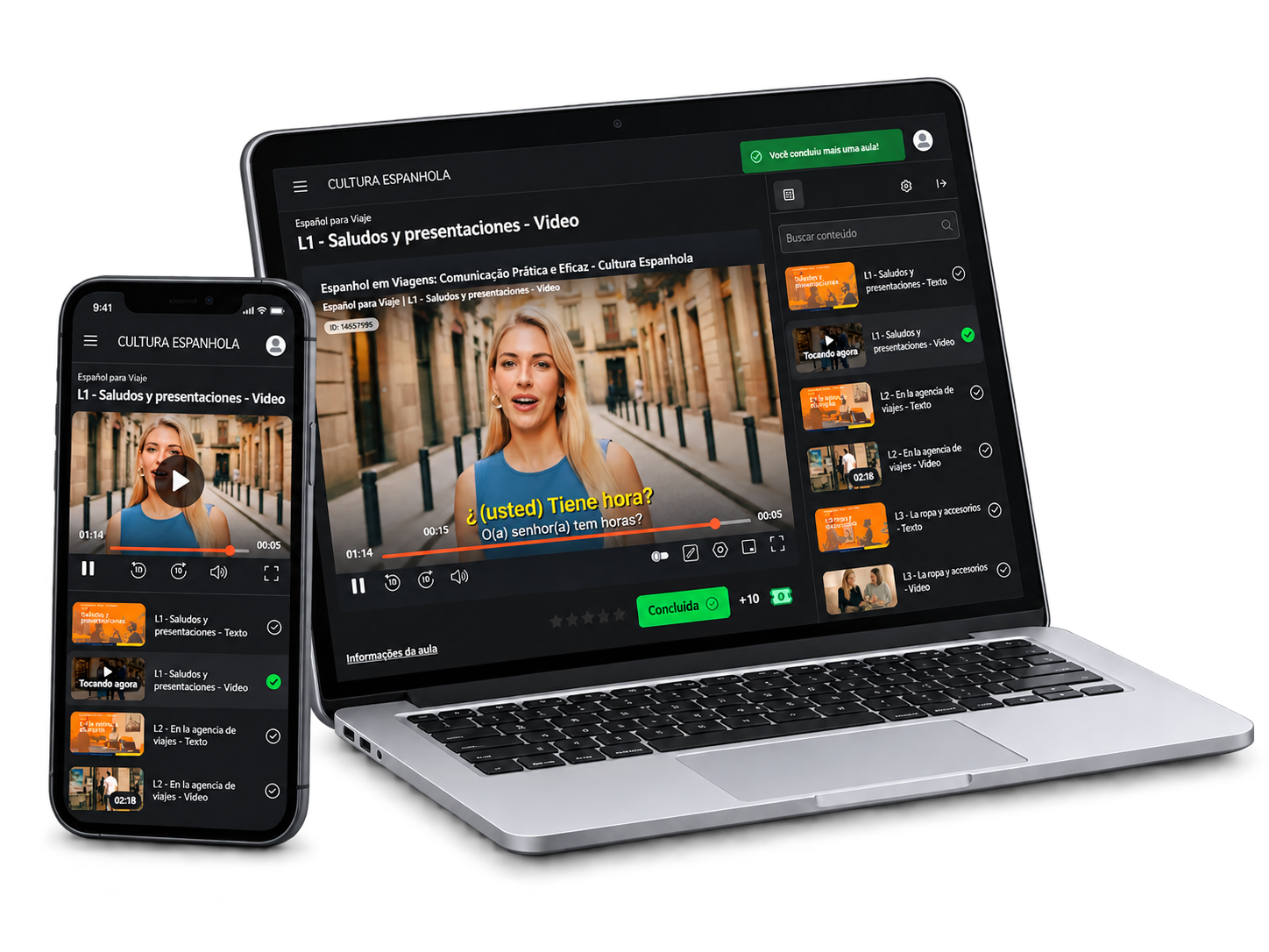 Curso de espanhol aberto no notebook e no celular