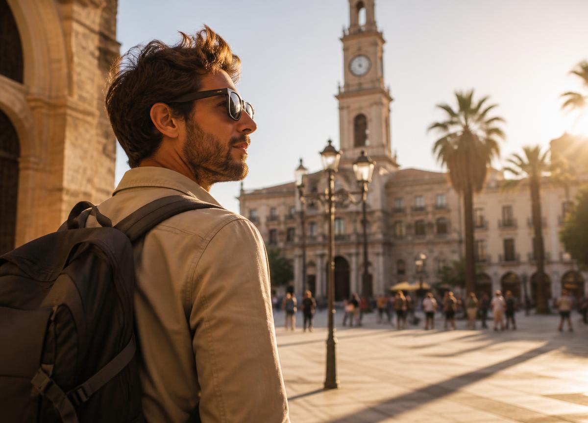 Viajante observando uma praça espanhola
