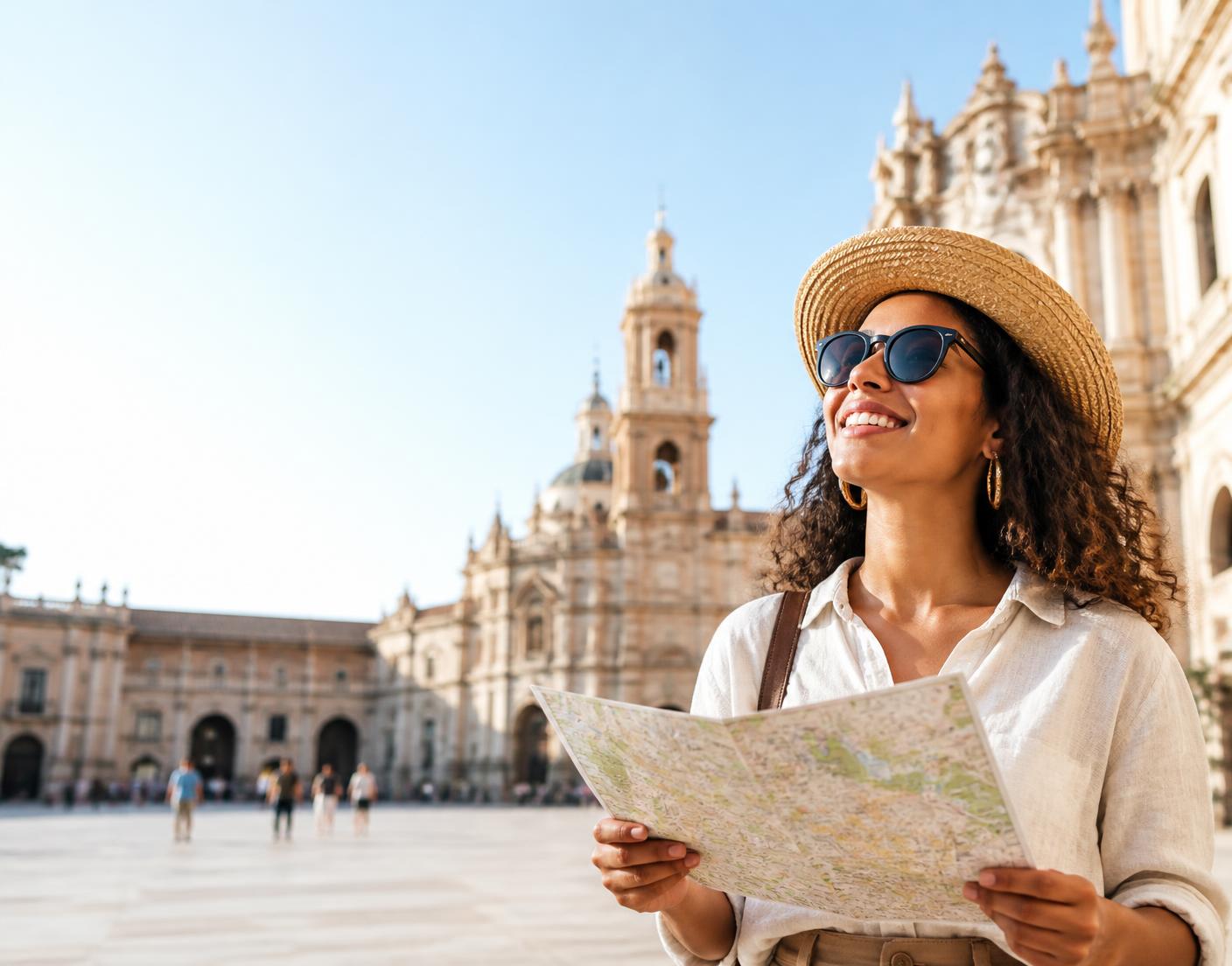 Viajante consultando um mapa em uma praça histórica espanhola